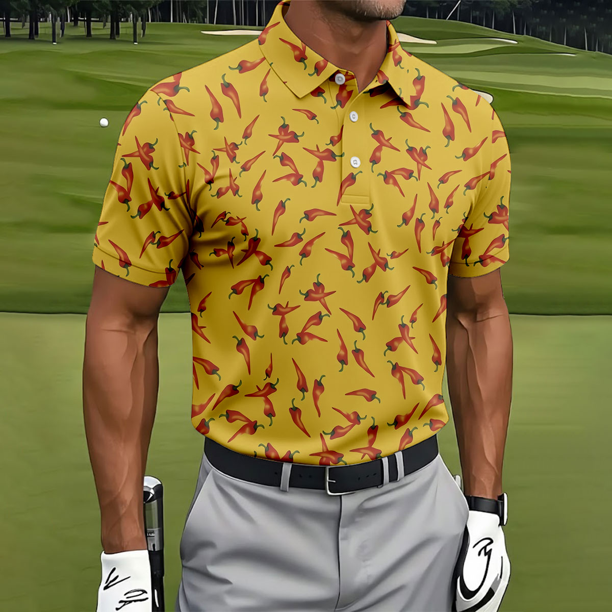 Red Chilli Yellow Hawaiian Golf Shirt, Summer Vibe Golf Shirts For Men, Polo Shirts For Men
