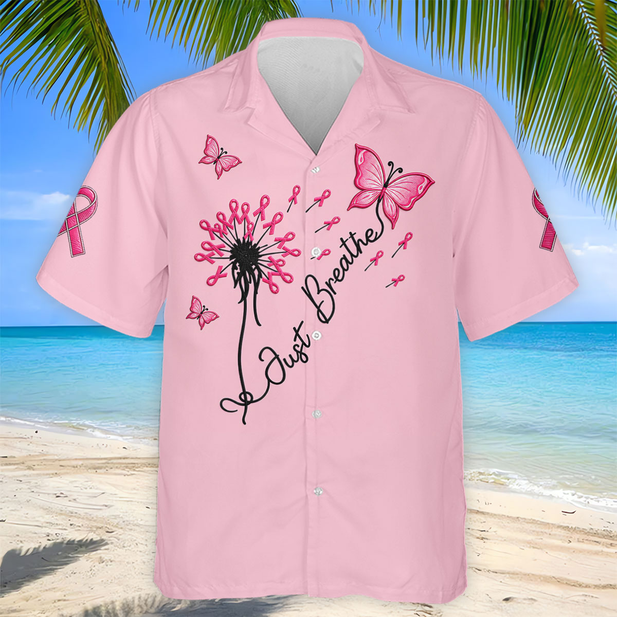 Just Breathe Butterfly Pink Ribbon Breast Cancer Polo Shirt, Polo Shirts For Men