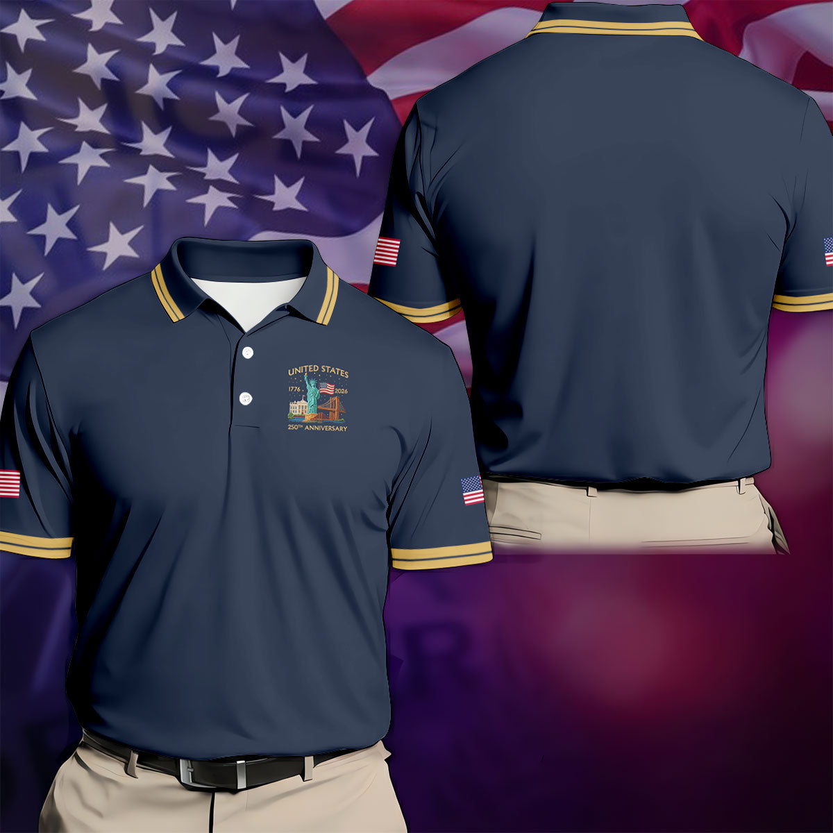 American Symbols Navy Patriotic Golf Shirt, US 250 Years 4th Of July Golf Shirts For Men