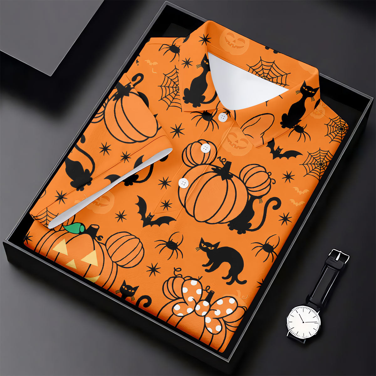 Black Cat and Pumpkin Halloween Polo Shirt, Golf Polo Apparel, Mens Golf Outfit