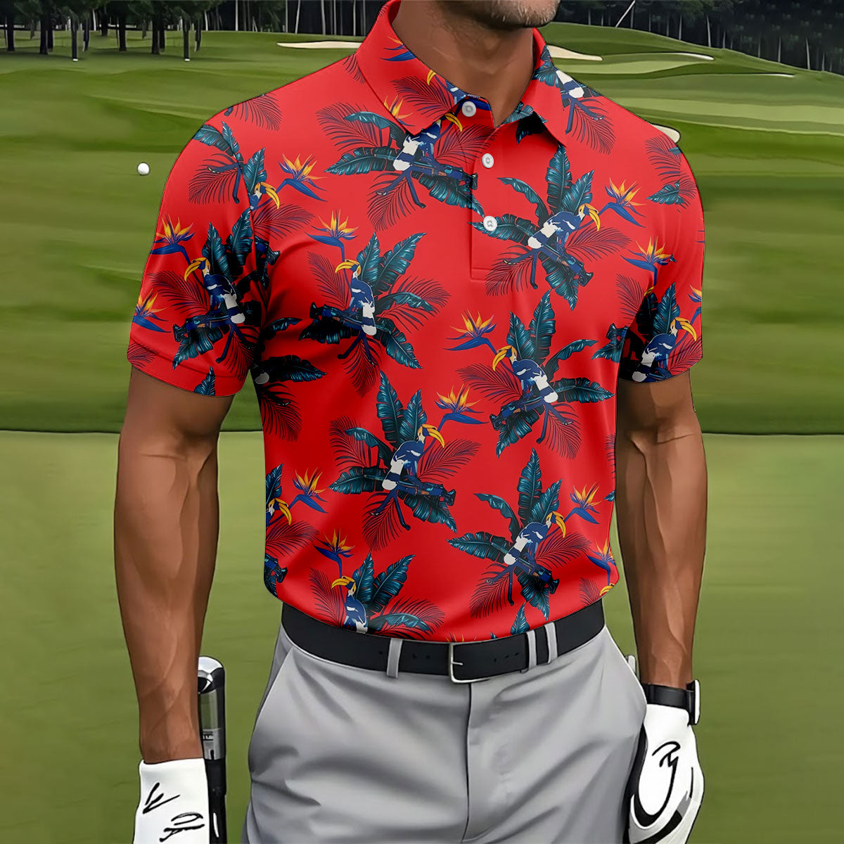 Tropical Toucan Bird Of Paradise Flower Hawaiian Golf Shirt, Summer Vibe Golf Shirts For Men