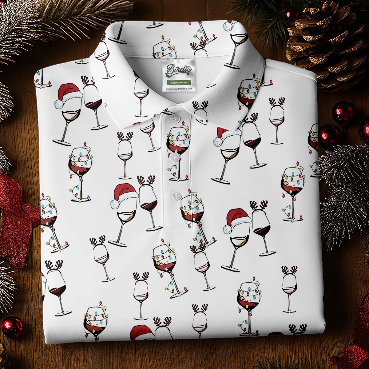 Christmas Wine Glass With Colorful Lighting White Golf Shirt, Christmas Golf Shirt, Women's Golf Tops