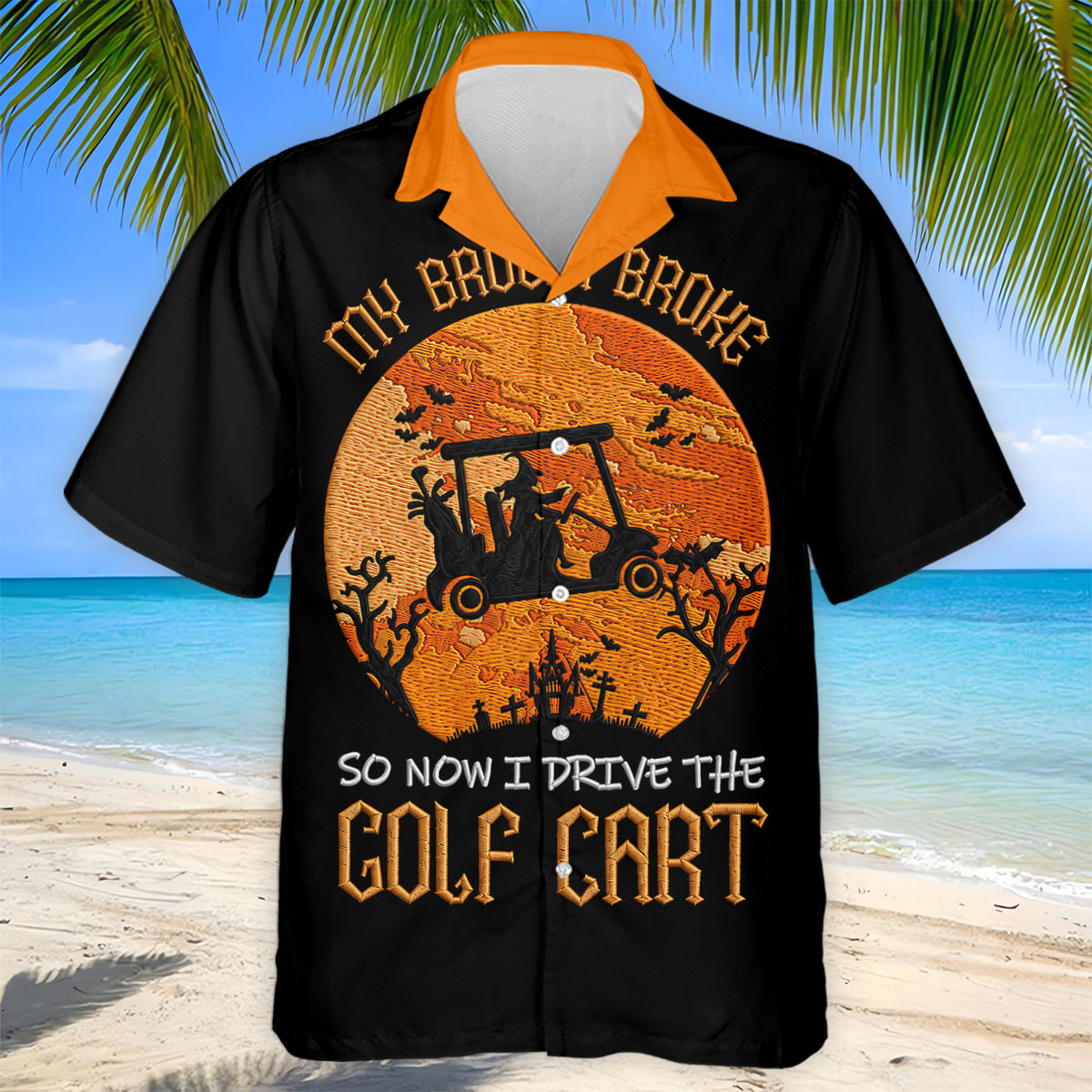 Broom Broke Now I Drive Golf Cart Halloween Polo Shirt, Mens Golf Polo, Mens Polo Shirts