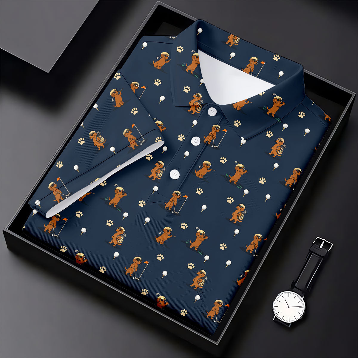Cartoon Dachshund Golfer Pattern Golf Polo Shirt, Golf Tops For Women, Printed Golf Shirt