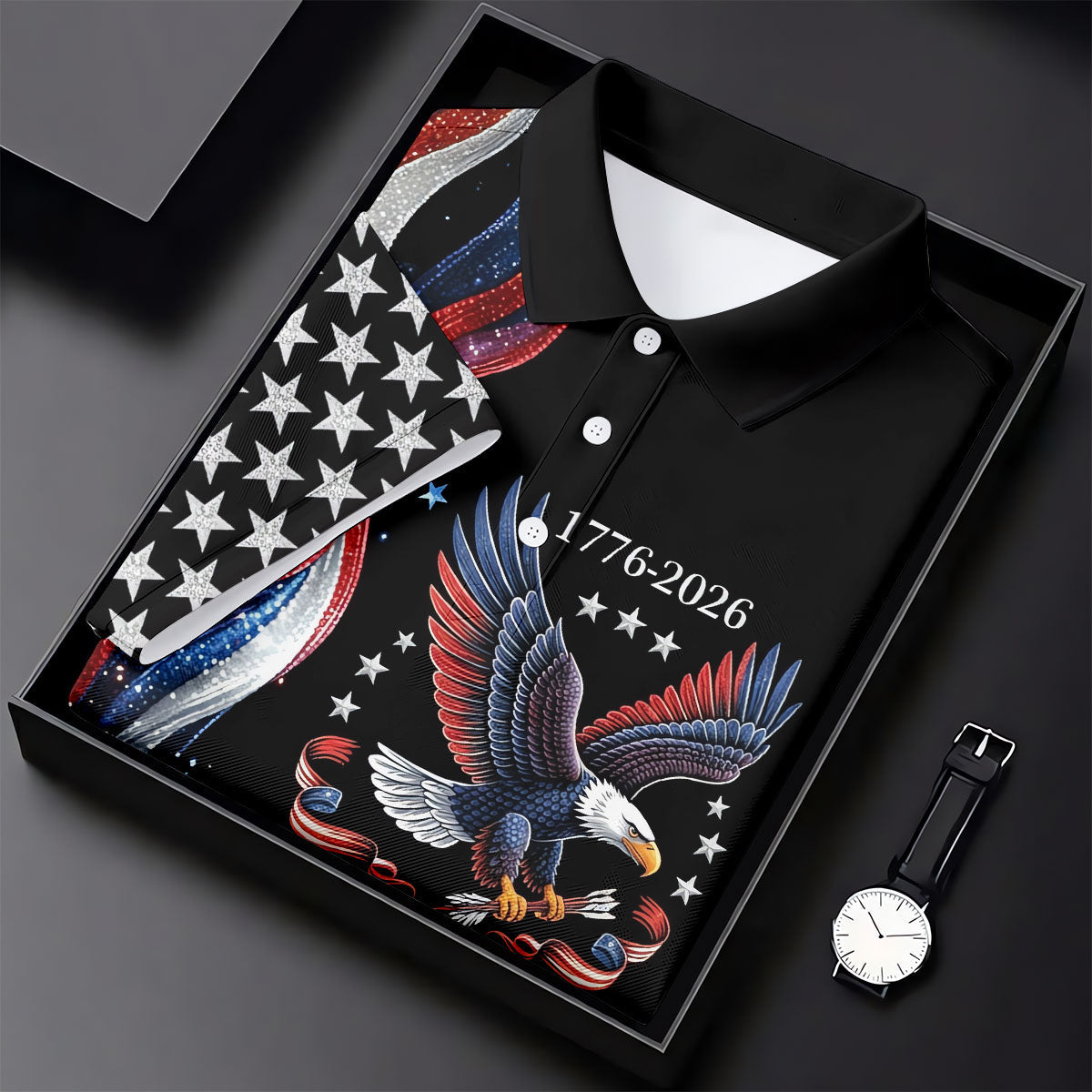 Bald Eagle Red White Blue Wavy Stripes Patriotic Golf Shirt, 250 Years 4th Of July Golf Shirts For Men