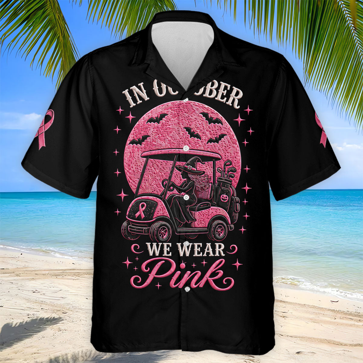 In October We Wear Pink Witch Breast Cancer Polo Shirt, Mens Golf Apparel, Printed Golf Shirts