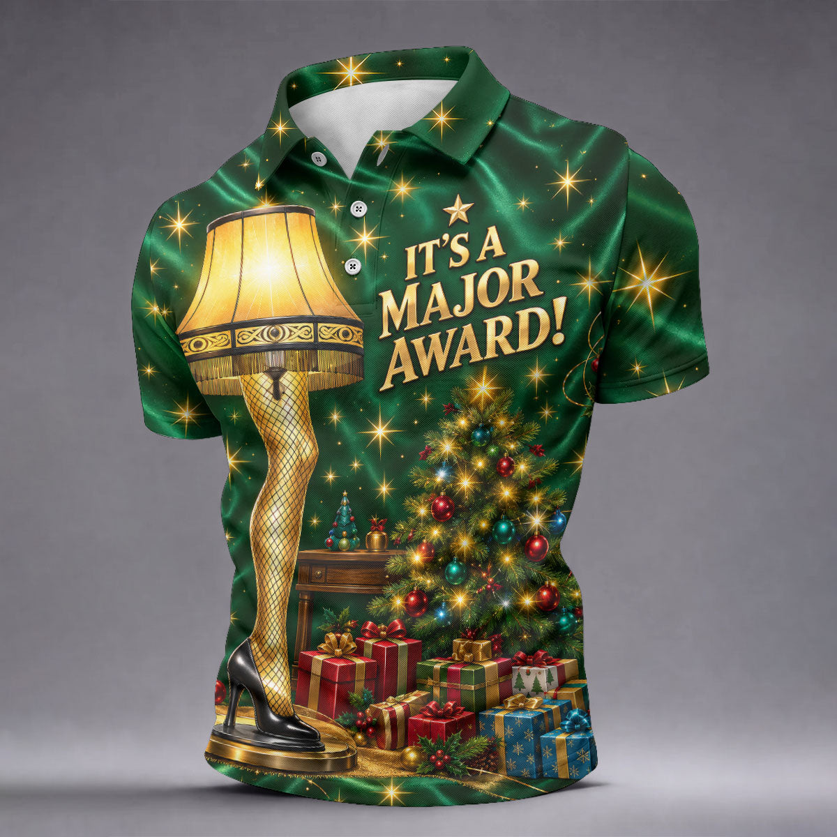 Major Award Leg Lamp Christmas Golf Polo Shirt, Mens Golf Shirts, Christmas Golf Shirt