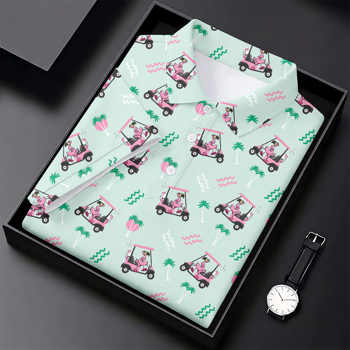 Funny Flamingo Golf Cart Tropical Pattern Polo Shirt, Ladies Golf Top, Golf Tops For Women