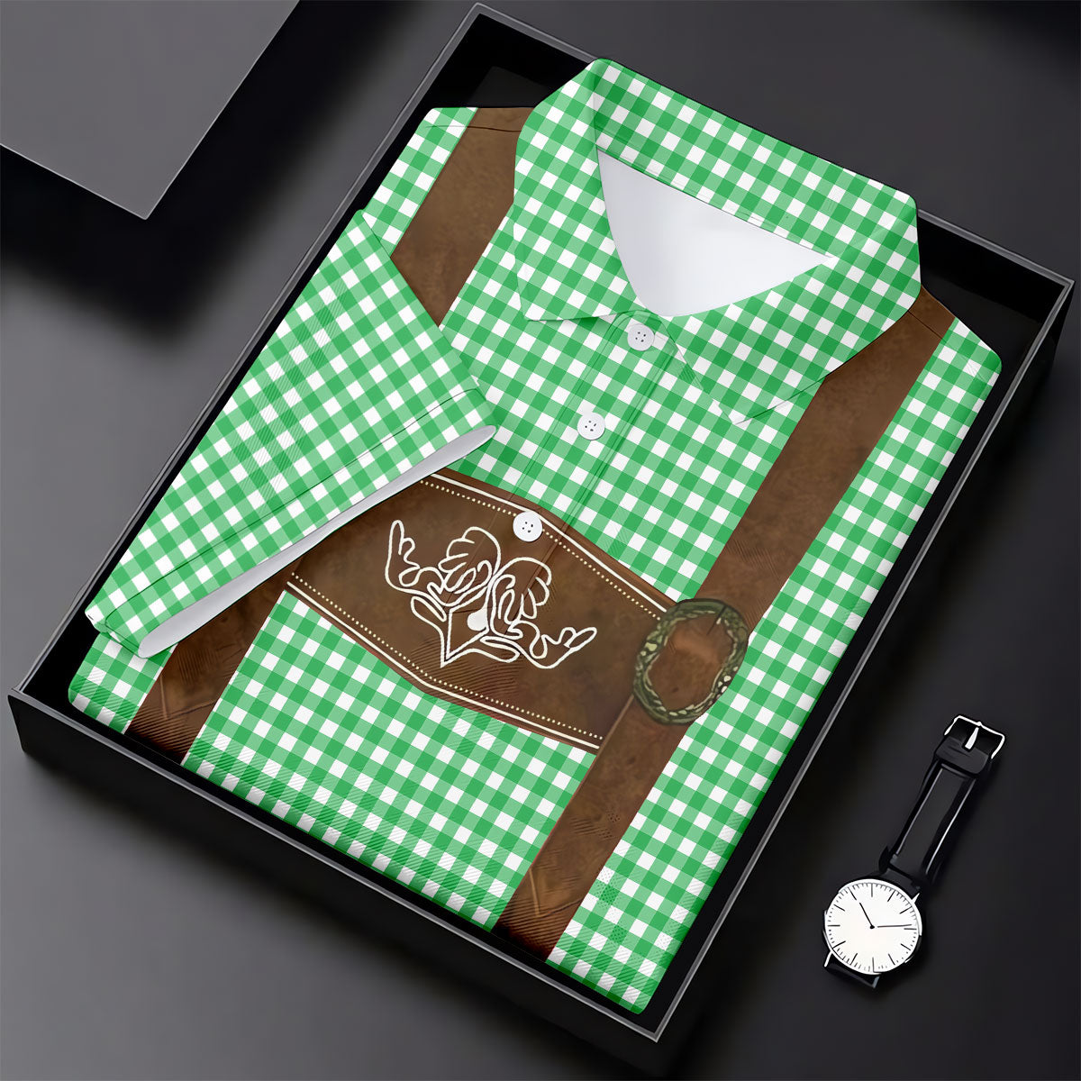 Women's Green Oktoberfest Lederhosen Illusion Sleeveless Golf Polo, Ladies Golf Top, Golf Polo For Women