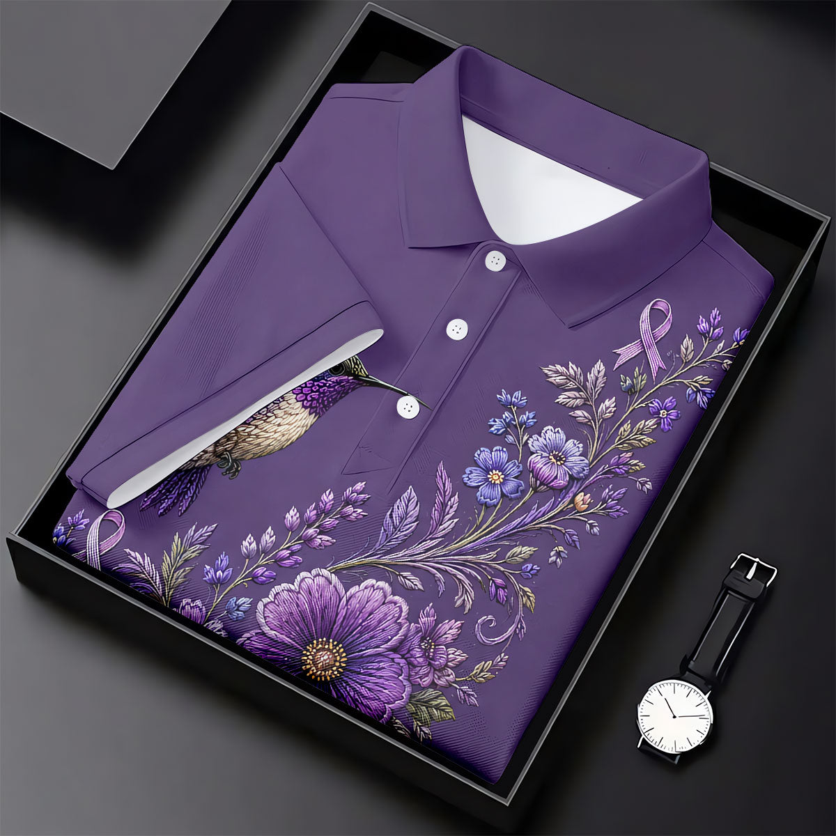 Cancer Awareness Purple Ribbon Floral Polo Shirt, Mens Golf Polo, Golf Shirts For Men