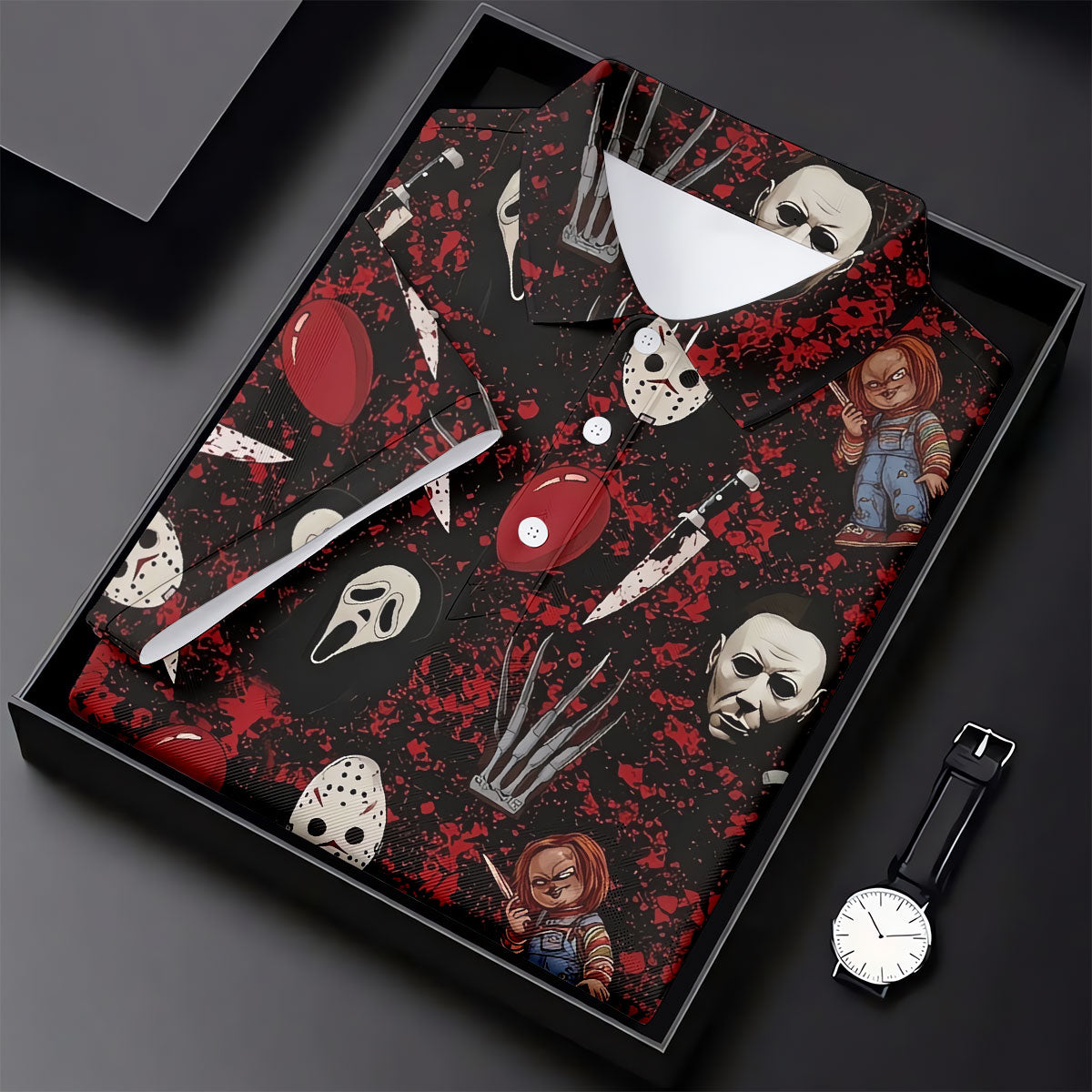 Halloween Horror Character Mask Pattern Hawaiian Golf Shirt, Women's Golf Tops, Golf Polo For Women