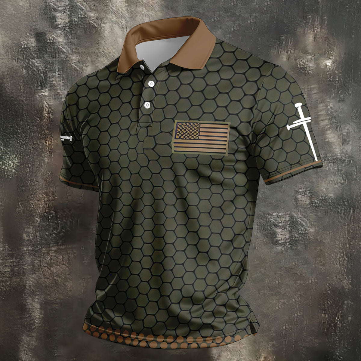 Faith Cross America 250 Anniversary Hexagonal Pattern Patriotic Golf Shirt, Golf Shirts For Men