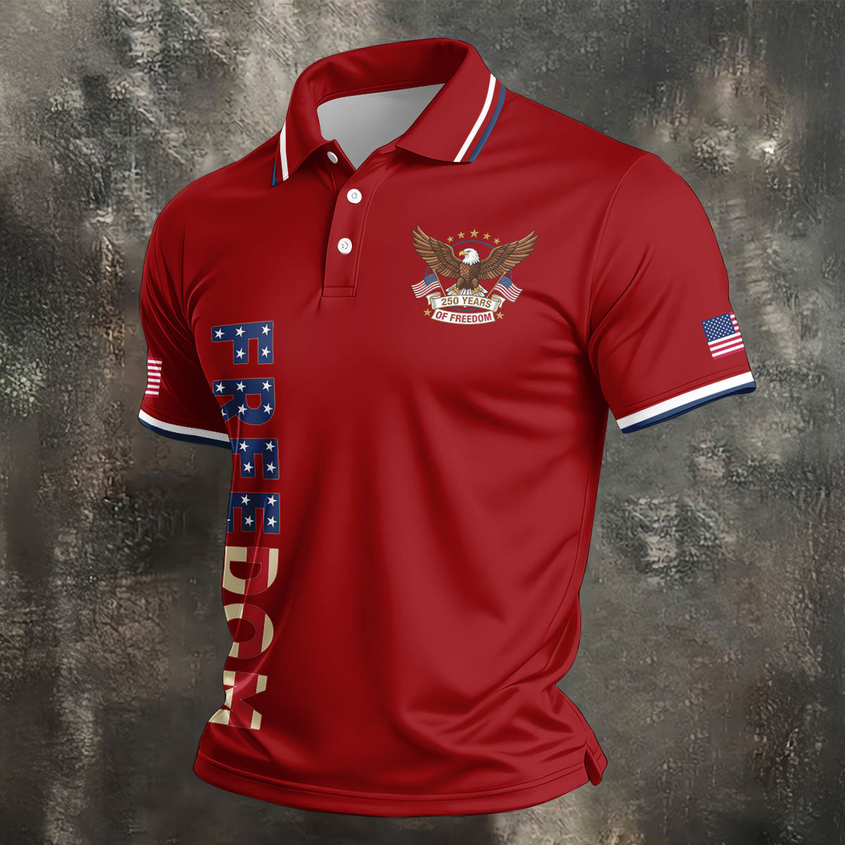 250 Years Of Freedom US Flag Logo Red Golf Shirt, Patriotic 4th Of July Golf Shirts For Men