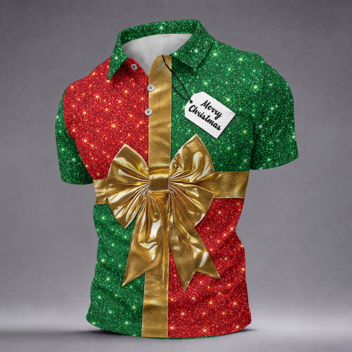 Merry Christmas Golden Gift Bow Golf Polo Shirt, Mens Golf Shirts, Polo Shirts For Men