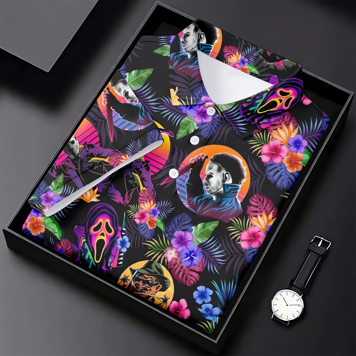 Retro Neon Horror Character Halloween Golf Shirt, Women’s Golf Polo, Printed Golf Shirt