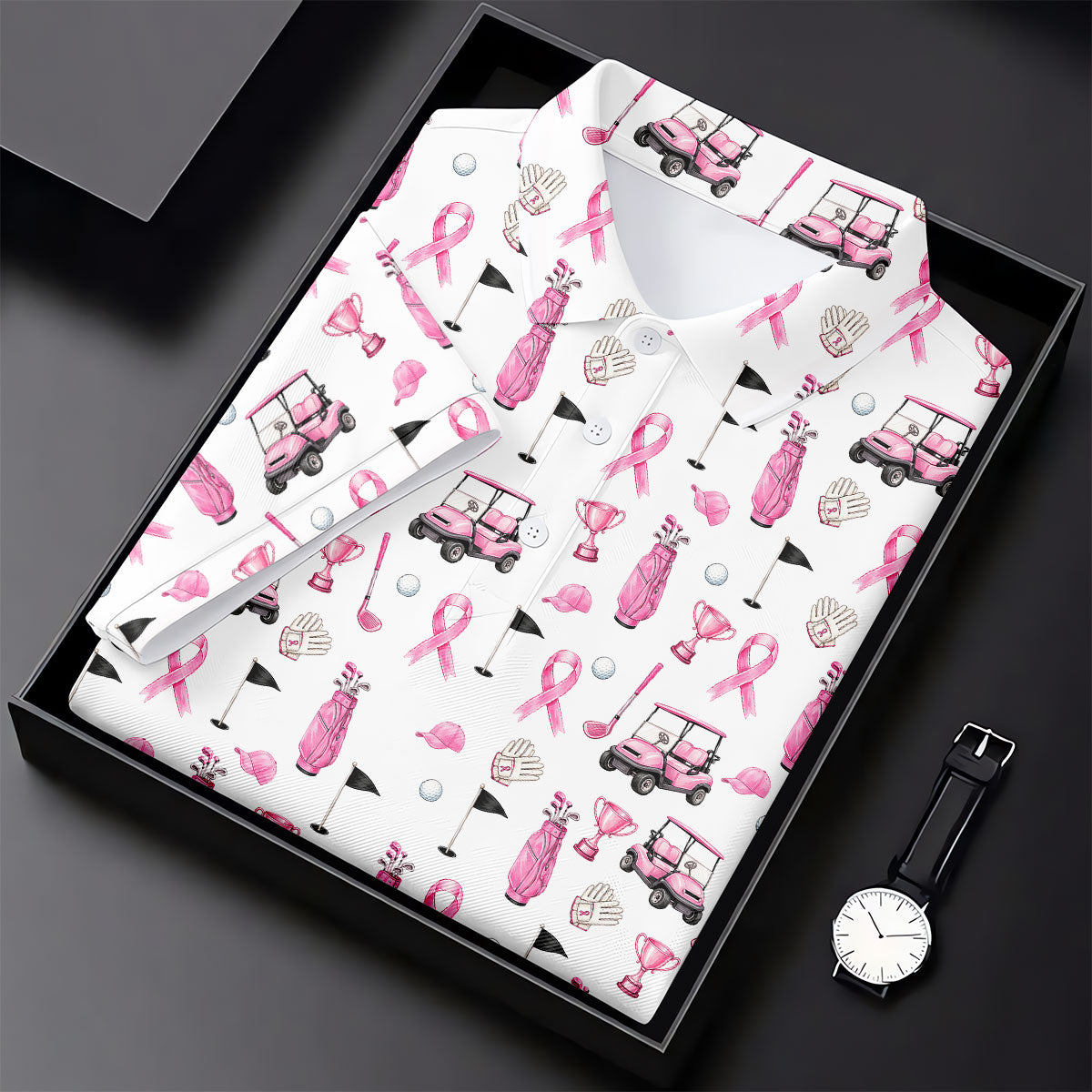 Pink Golf Cart Ribbon Breast Cancer Polo Shirt, Womens Golf Polo, Golf Tops For Women