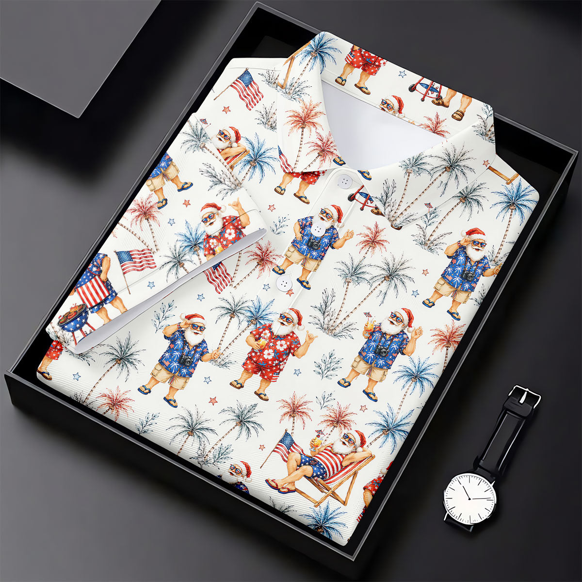 Patriotic Santa Tropical Christmas Polo Shirt, Womens Golf Polo, Hawaiian Golf Shirt