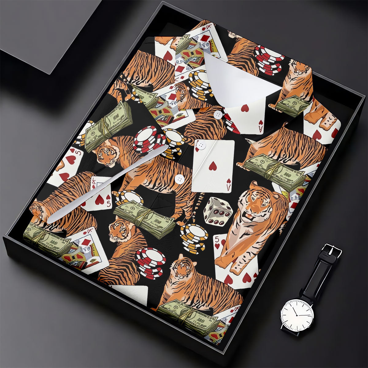 Money Tiger Poker Dice Chips And Cards Hawaiian Golf Shirt, Men's Funny Golf Shirts