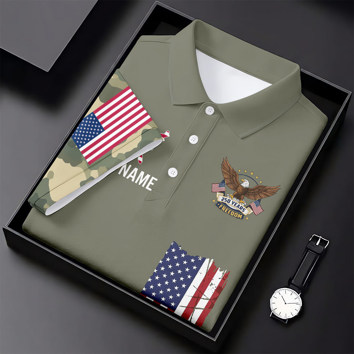 250 Years Freedom Eagle American Flag Camo Golf Shirt, Patriotic 4th Of July Golf Shirts For Men