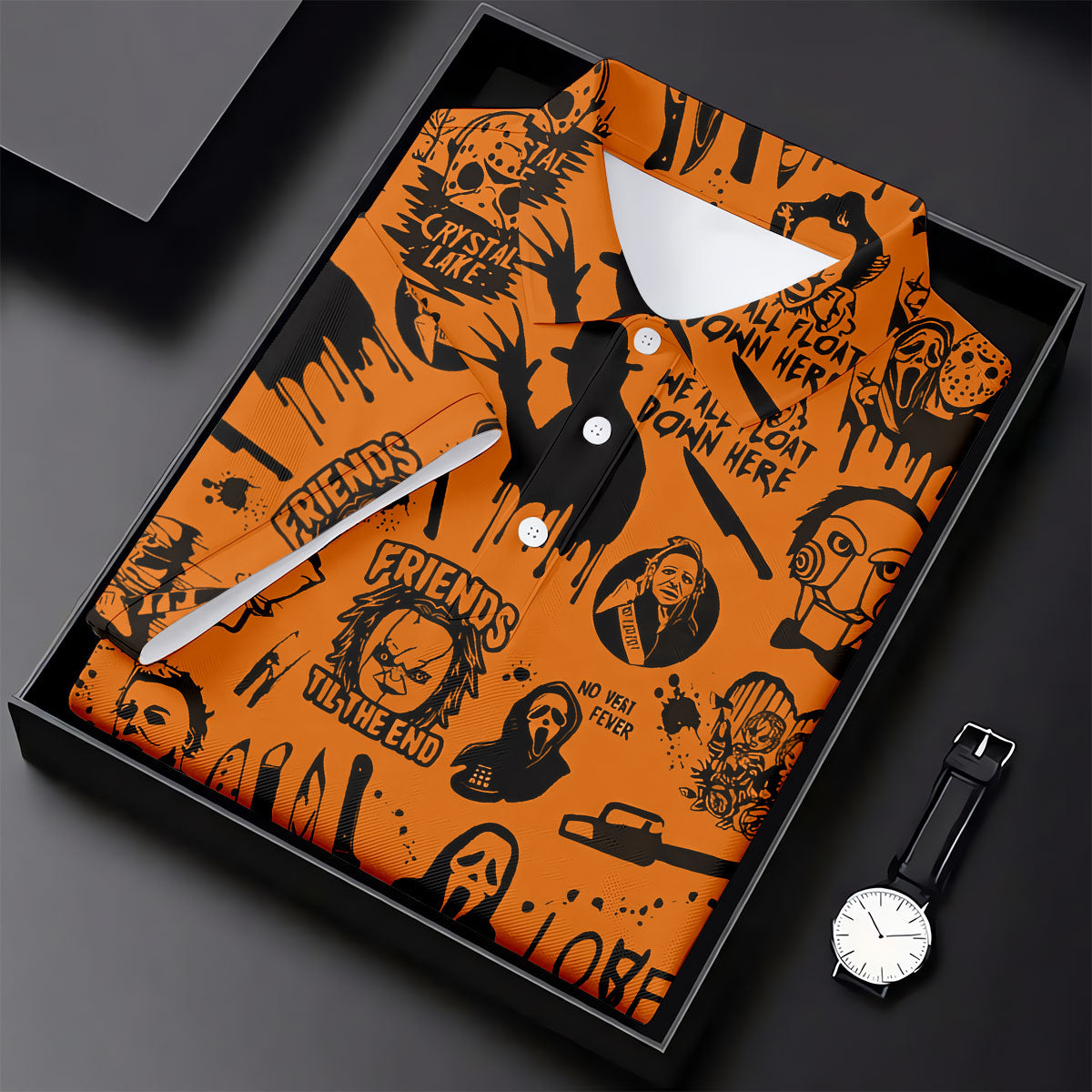 Orange Horror Character Icons Pattern Golf Polo Shirt for Halloween, Womens Golf Polo, Ladies Golf Shirts