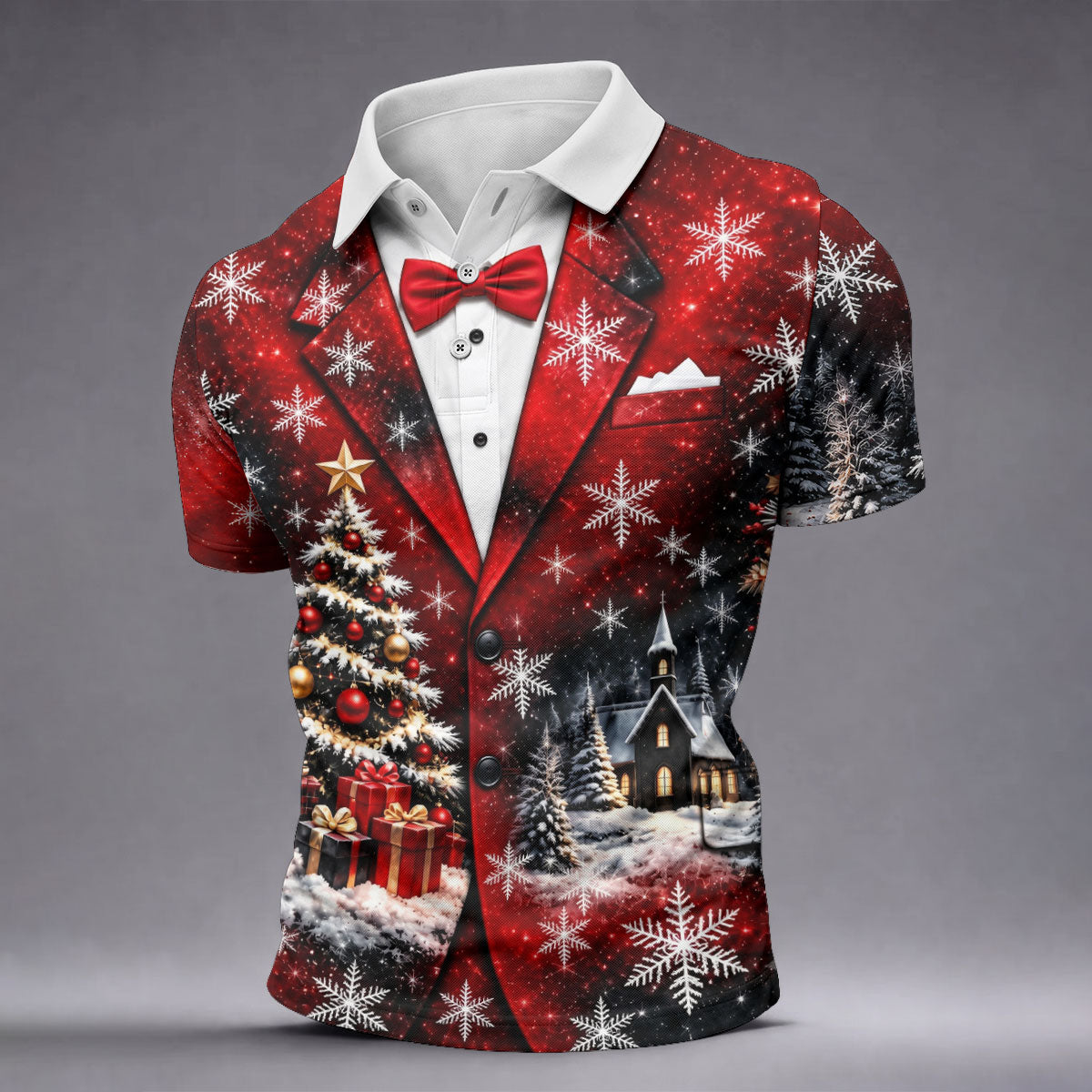 Tuxedo Tree Snowflakes Christmas Golf Shirt, Golf Shirts For Men, Mens Golf Apparel
