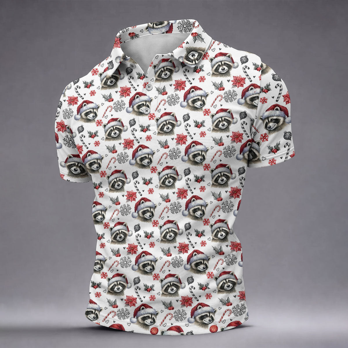 Christmas Raccoon Santa Hat Golf Polo Shirt, Mens Golf Polo, Golf Apparel For Men