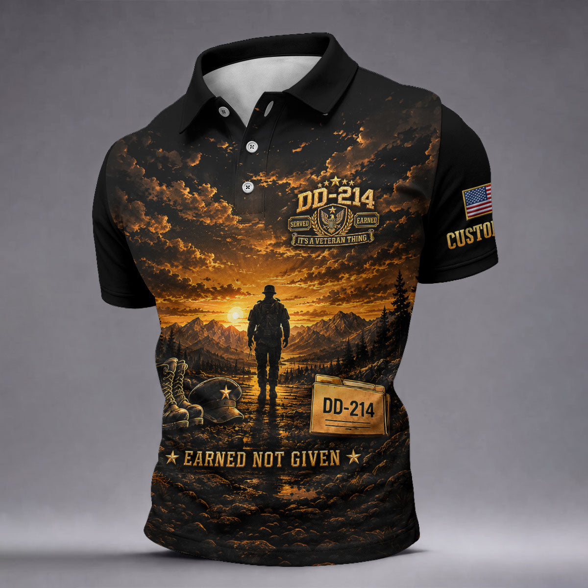 Custom DD-214 Sunset Soldier Golf Polo Shirt, Veterans Day Shirt, Mens Golf Shirts