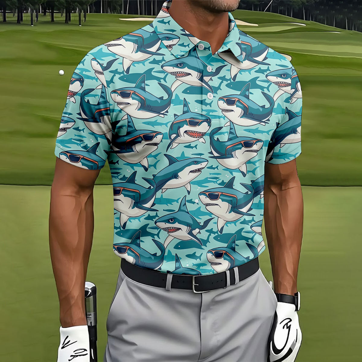 Animated Shark Hawaiian Golf Shirt, Men's Funny Golf Shirts, Golf Shirts For Men