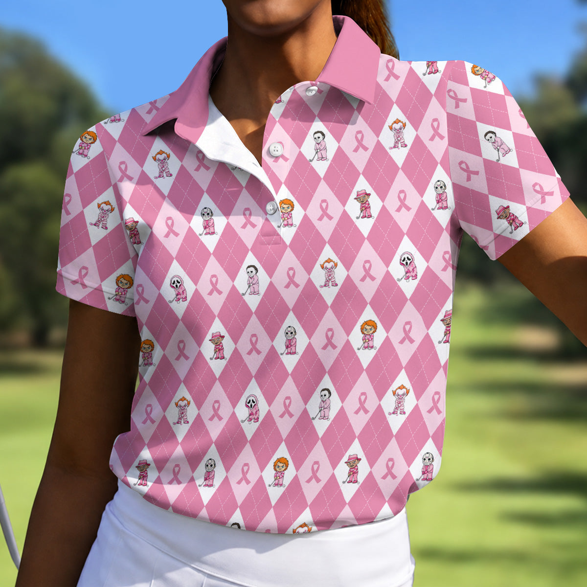 Pink Argyle Horror Character Breast Cancer Polo Shirt, Women's Golf Polo, Golf Tops For Women