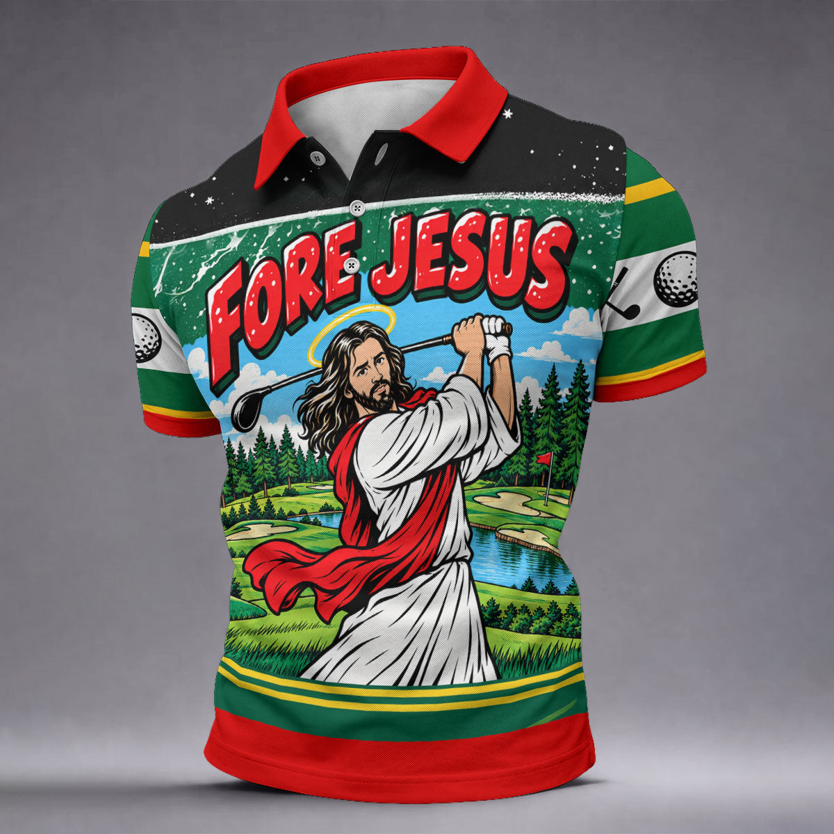 Fore Jesus Golf Swing Christmas Golf Shirt, Mens Golf Apparel, Mens Golf Clothing