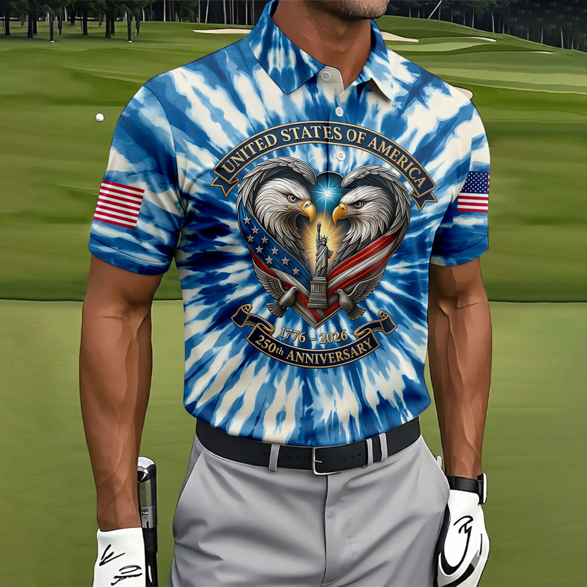 USA 250th Anniversary Tie Dye Print Bald Eagle Golf Shirt, Patriotic 4th Of July Golf Shirts For Men
