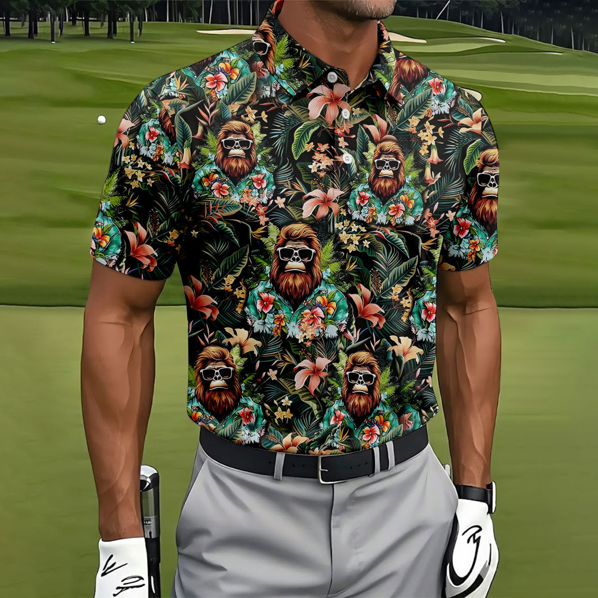 Bigfoot Hawaiian Tropical Golf Shirt, Funny Sasquatch Golf Shirts For Men