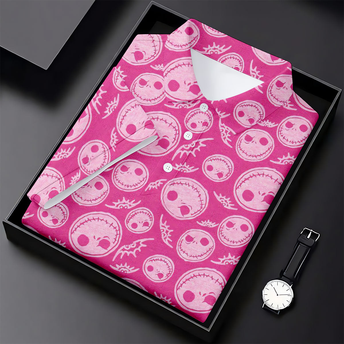 Pink Stitched Skull Halloween Golf Polo Shirt, Golf Tops For Women, Printed Golf Shirt