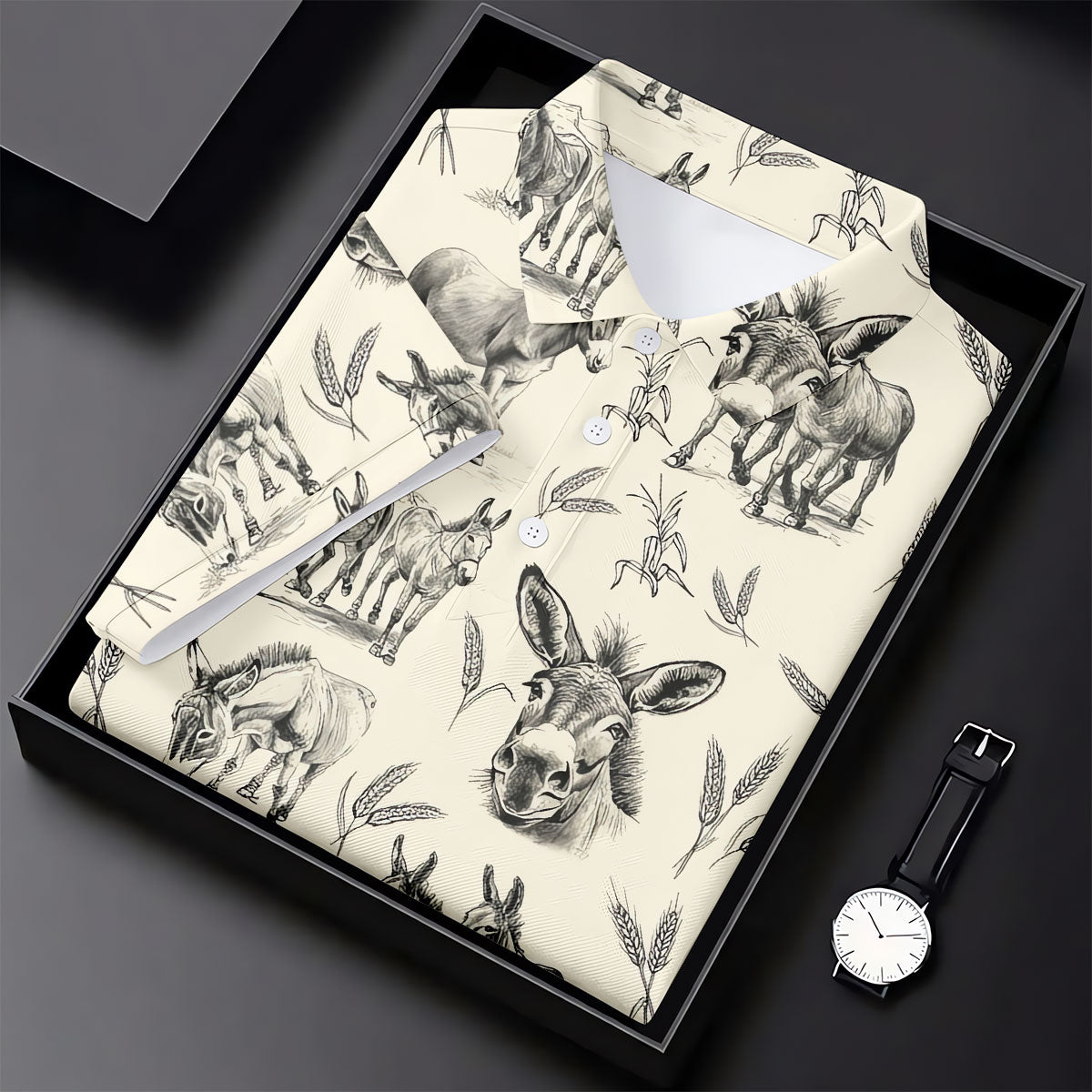 Vintage Donkey Sketch Pattern Hawaiian Golf Polo Shirt, Golf Shirts For Women, Women's Golf Apparel