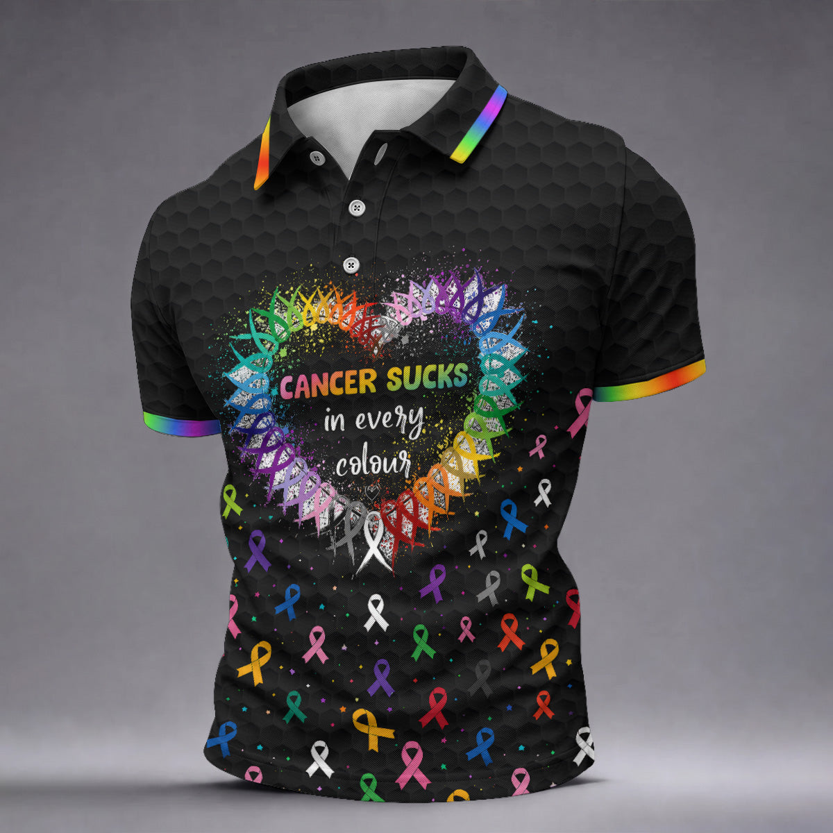 Cancer Sucks In Every Colour Awareness Ribbon Golf Polo Shirt, Mens Golf Apparel