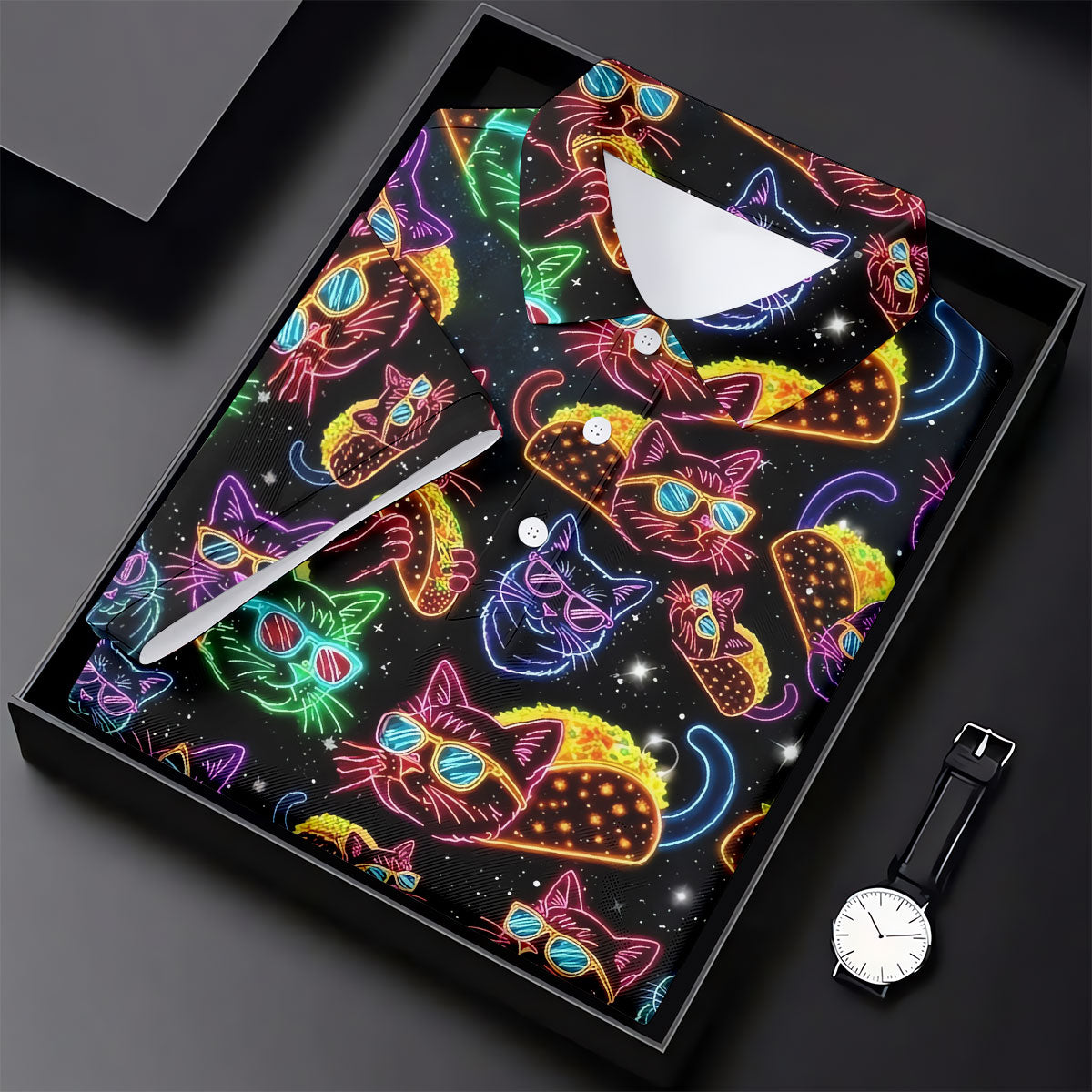 Neon Cat Taco Fiesta Time Hawaiian Golf Shirt, Cinco De Mayo Celebration Golf Shirt For Women