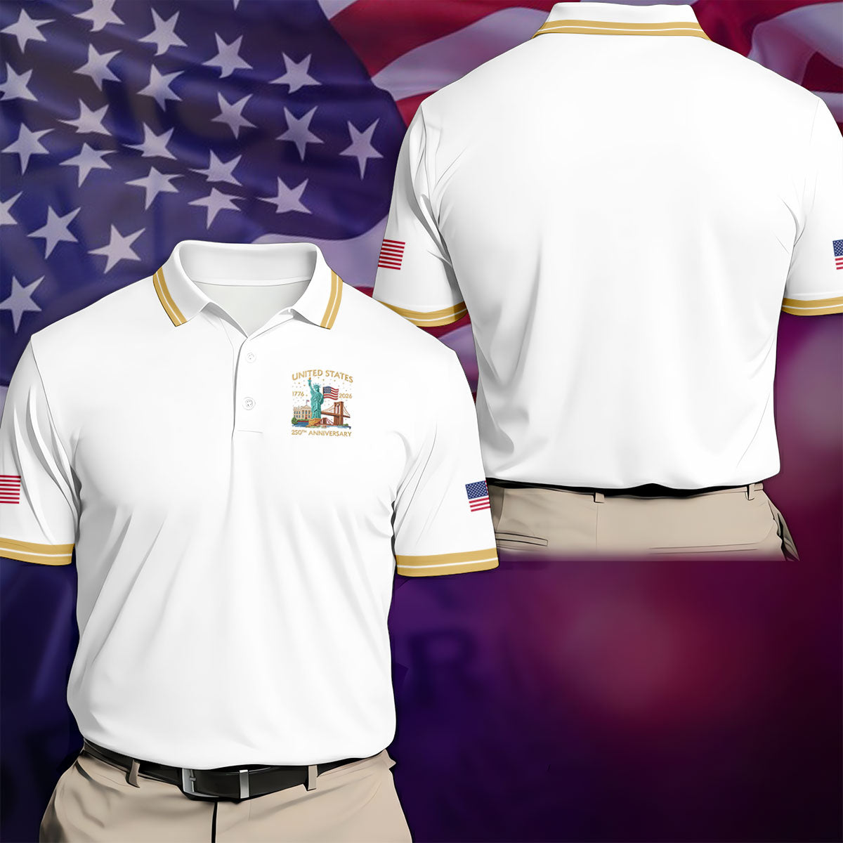 American Symbols White Patriotic Golf Shirt, US 250 Years 4th Of July Golf Shirts For Men