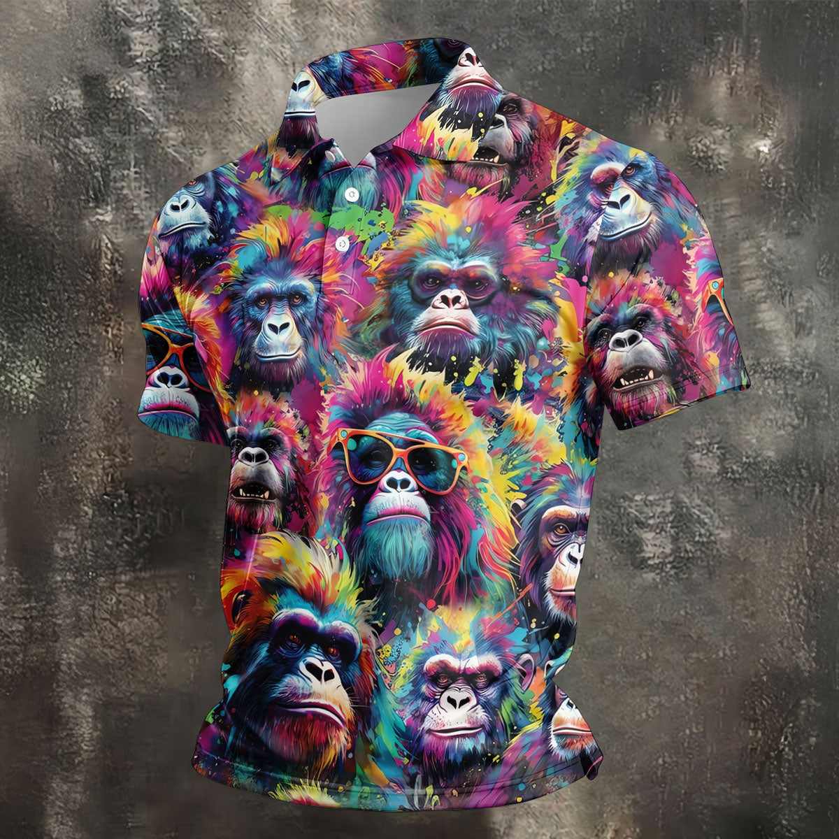 Street Art Style Cool Gorilla Hawaiian Golf Shirt, Tropical Theme Golf Shirts For Men