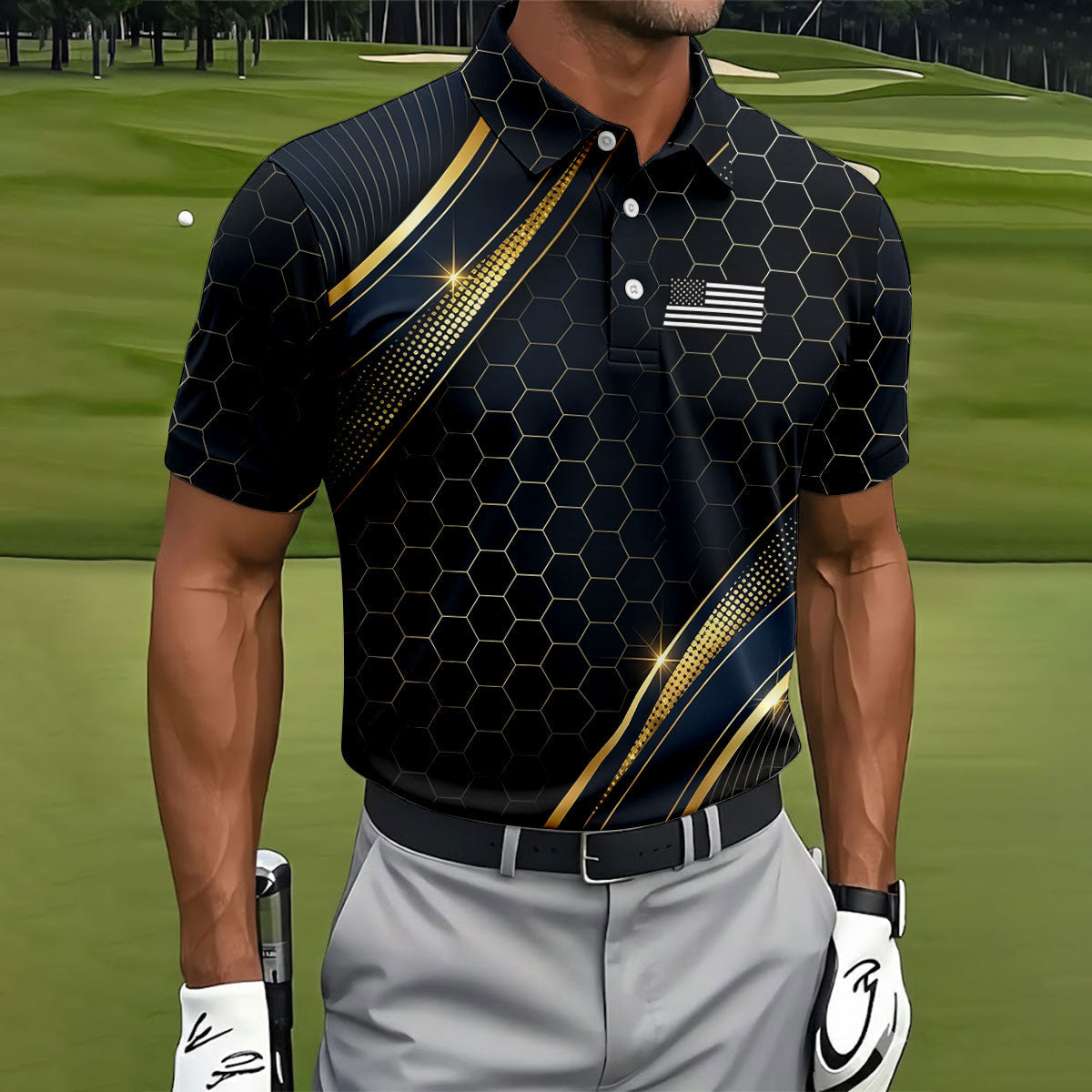 Gold Hexagonal US Flag Logo Retro Golf Shirt, 250 Years Patriotic 4th Of July Golf Shirts For Men