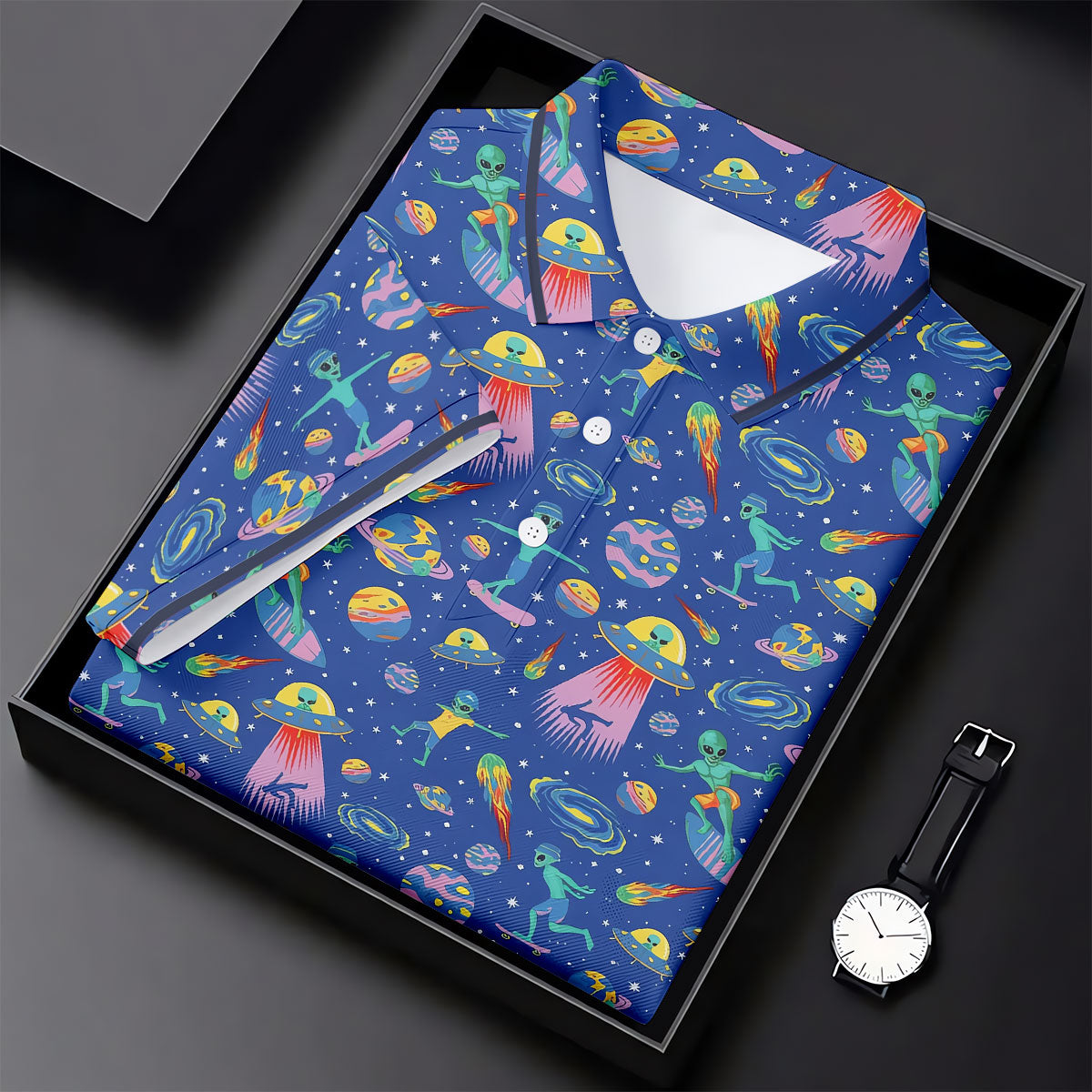 Surfing Alien Space Galaxy Hawaiian Golf Shirt, Hawaiian Golf Shirt, Golf Shirts For Men