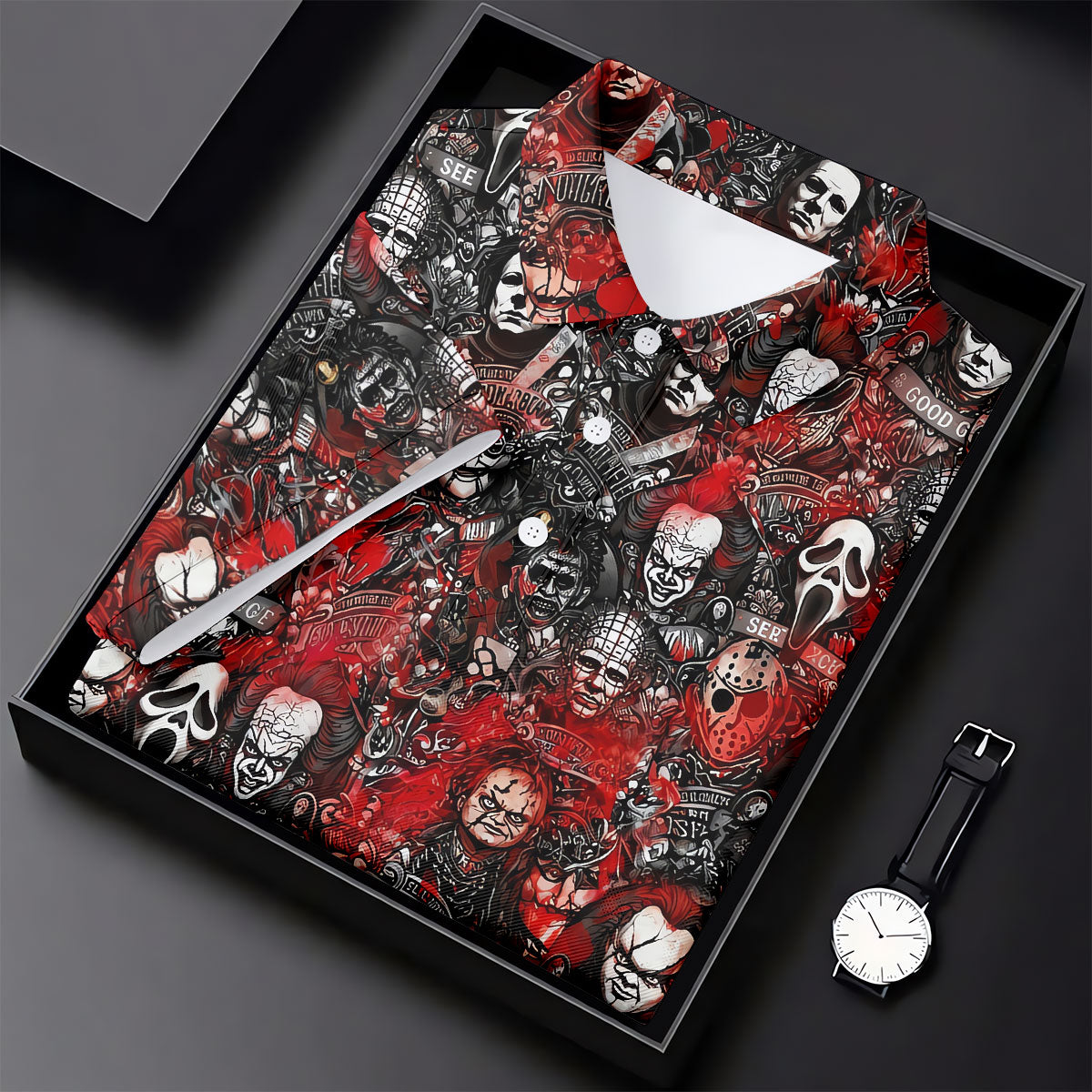 Red Horror Character Collage Halloween Golf Shirt, Women's Golf Polo, Printed Golf Shirt