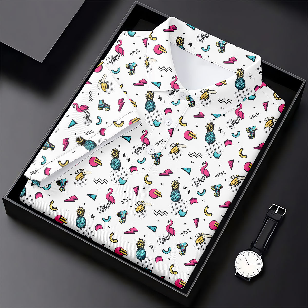 White Retro Summer Flamingo Pattern Golf Polo Shirt, Golf Shirts For Women, Women's Golf Polo