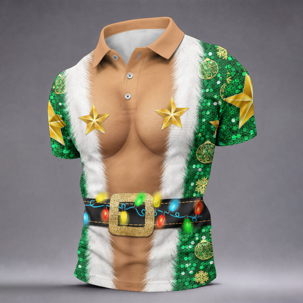 Green Santa Gold Stars Christmas Golf Polo Shirt, Mens Golf Shirts, Mens Polo Shirts