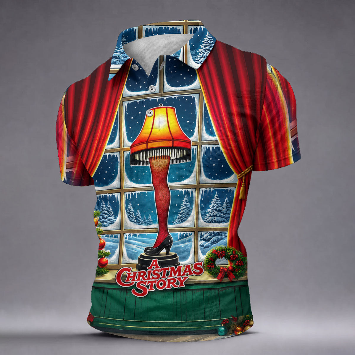Funny Christmas Leg Lamp Window Golf Polo Shirt, Mens Golf Polo, Golf Apparel For Men