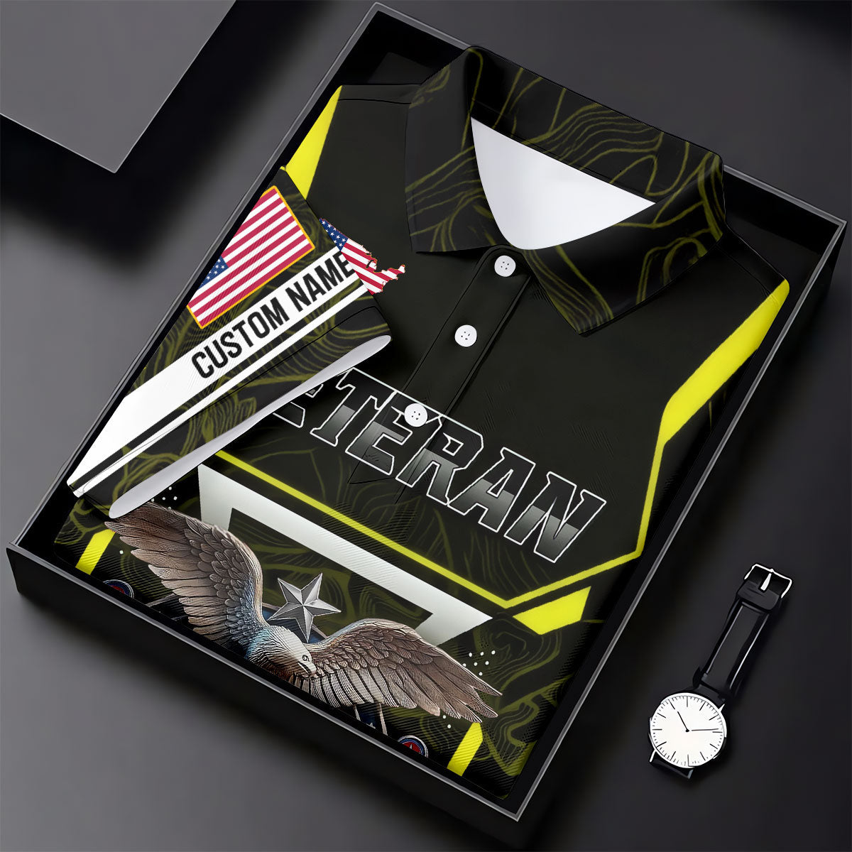Personalized Veteran America 250 Polo Shirt Yellow Accent, Golf Shirts For Men, Mens Golf Apparel