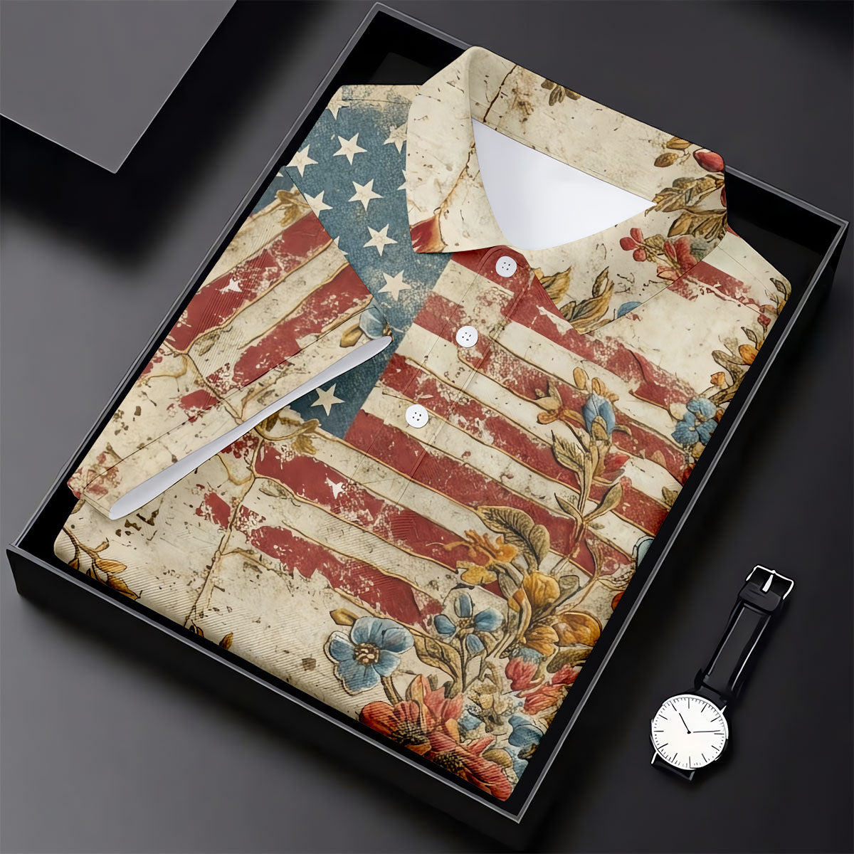 Floral American Flag Vintage Golf Shirt, 250 Years Patriotic 4th Of July Golf Shirts For Men