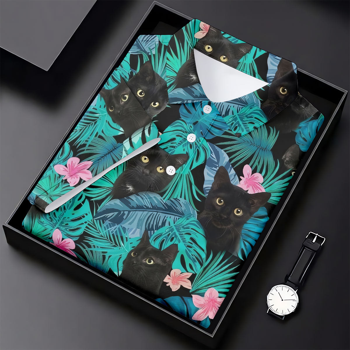 Black Cat Tropical Monstera Hawaiian Golf Polo Shirt, Golf Shirts For Women, Women's Golf Apparel