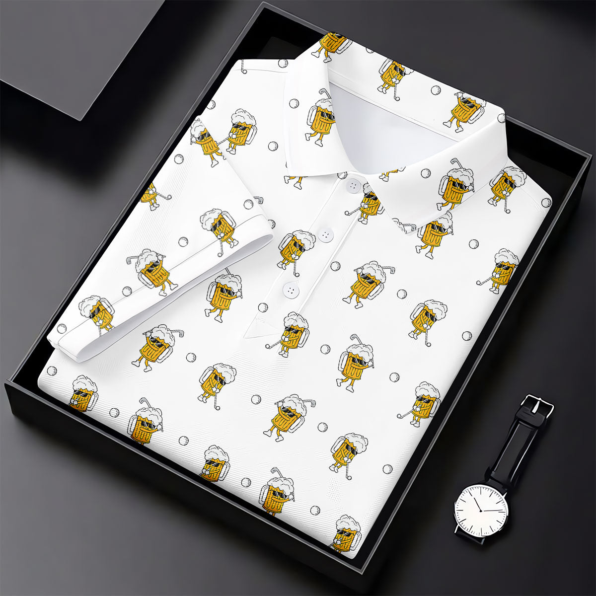 Cartoon Beer Mug Golfer Pattern Golf Polo Shirt, Polo Shirts For Men, Printed Golf Shirts