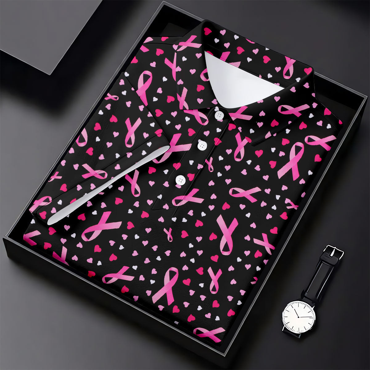 Black Pink Ribbon Heart Breast Cancer Polo Shirt, Ladies Golf Shirt, Women's Golf Tops