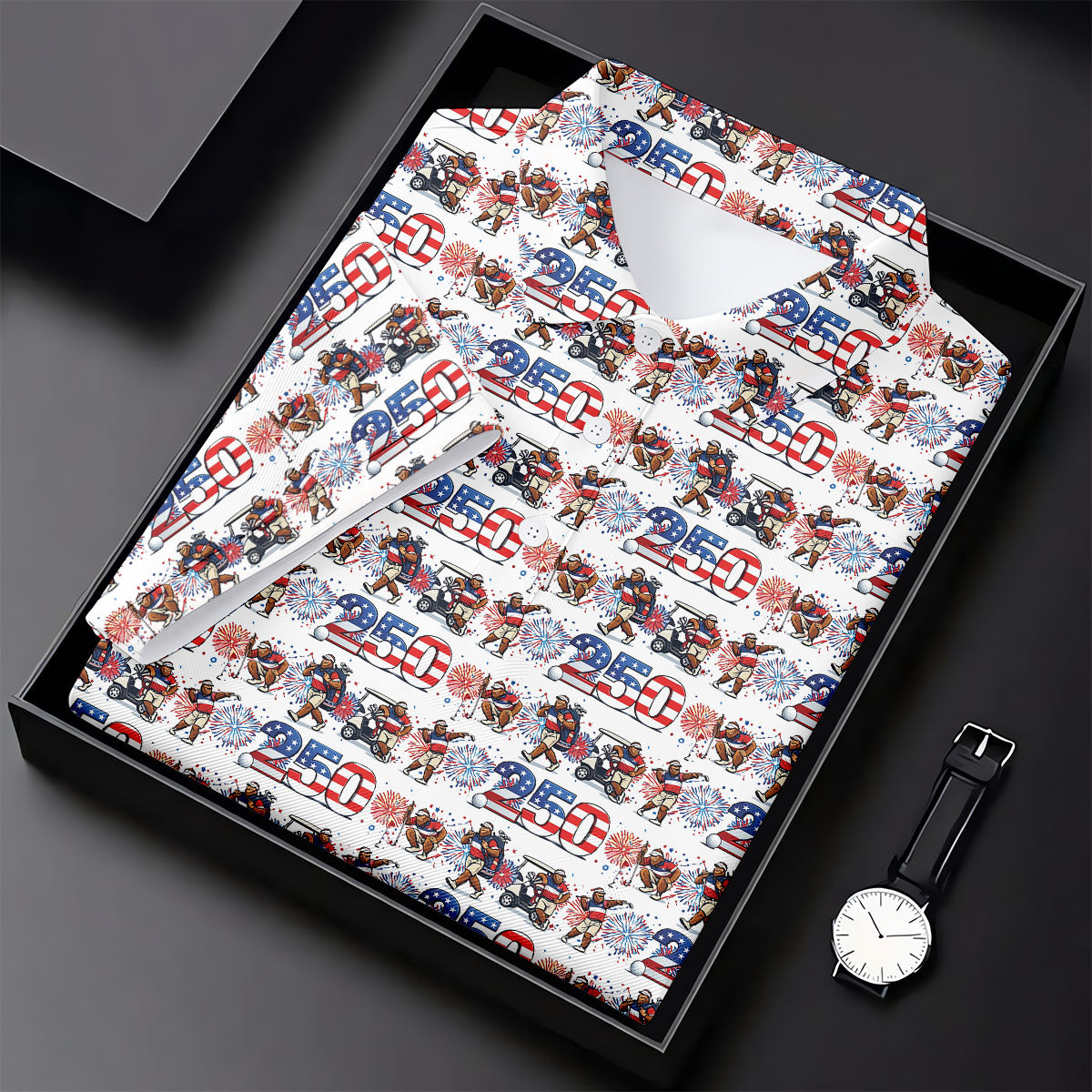 Funny Bigfoot Golf Pose Patriotic 4th Of July White Golf Shirt, 250 Years Golf Shirts For Men